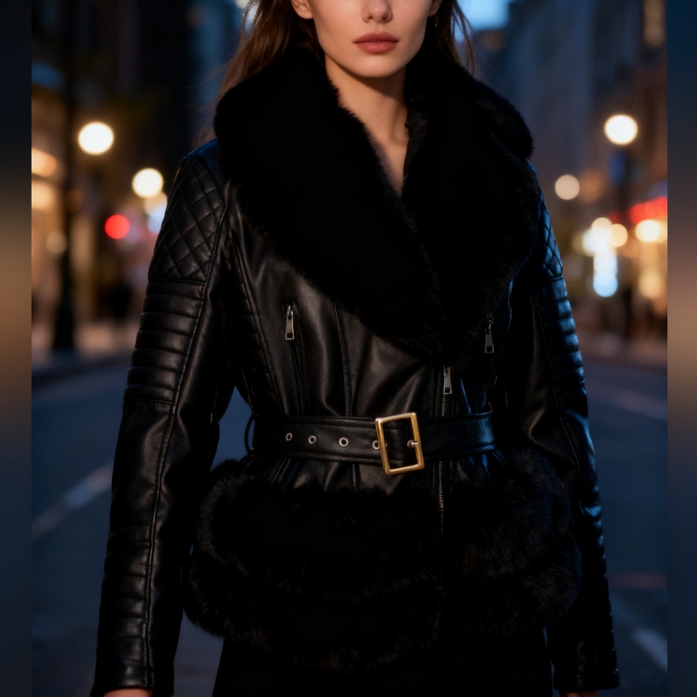 Women's Black Faux Leather Moto Jacket With Faux Fur Trim